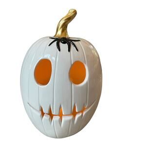 Halloween LIGHT UP Jack O Lantern 12in Ceramic Spooky Black Spider BOO New